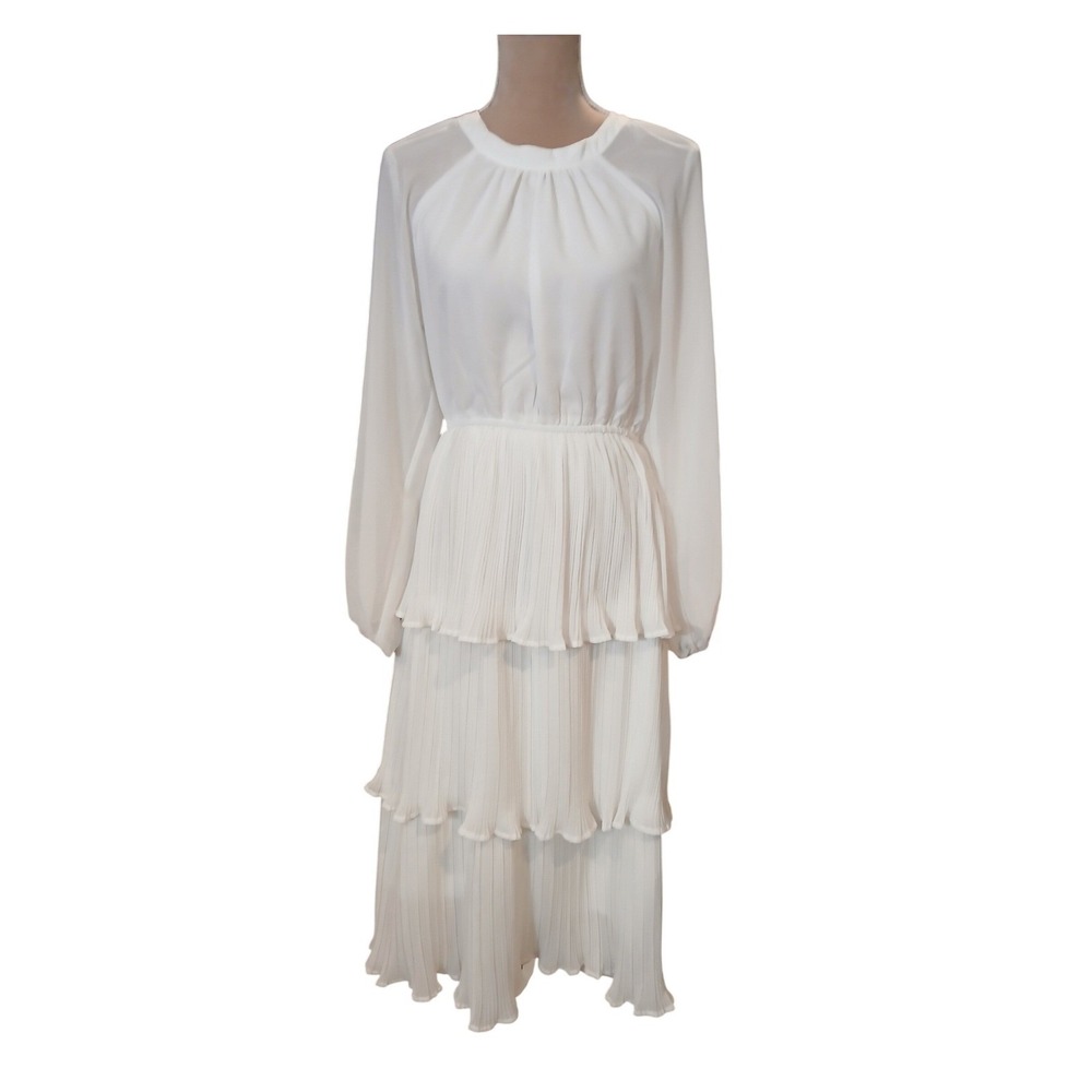 Zessica White Tiered Pleated Midi Dress Long Sleeve Women's M Fairy  Whimsical